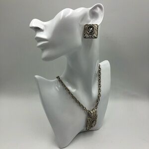 Vintage Bali Style Silver Tone Square Statement Necklace and Pierced Earring Set